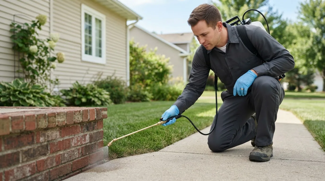 Pest control technician treating a home near Chagrin Falls, OH